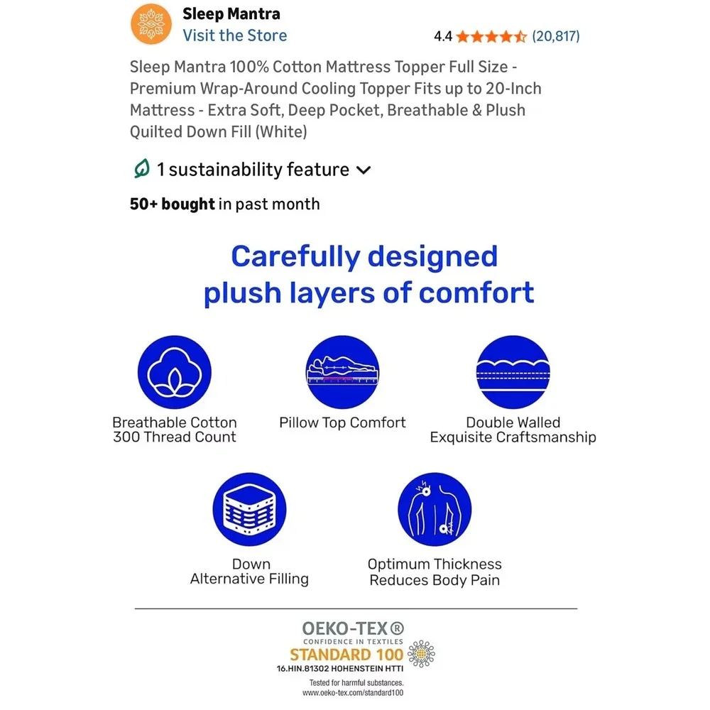 Sleep Mantra King Cotton Mattress Topper Cooling Quilted Down‎ Alternative White